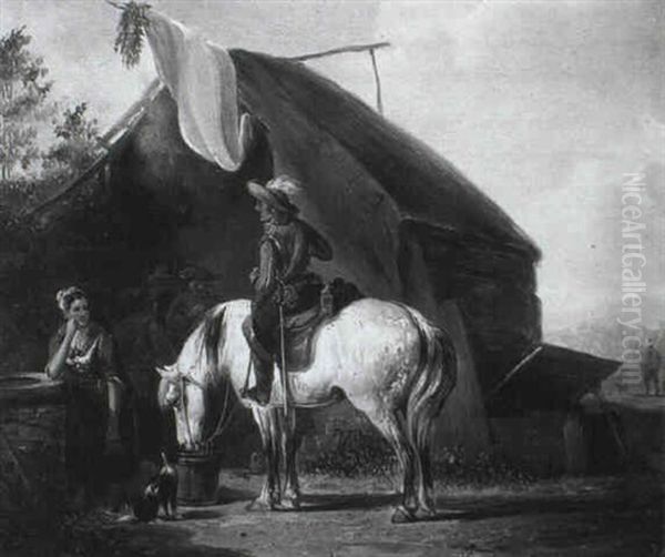 Ein Reiter In Der Tracht Des 17. Jahrhunderts Hat Vor Dem   Zelt Eienr Marketenderin Eine Rast Eingelegt Oil Painting by Joseph Jodocus Moerenhout