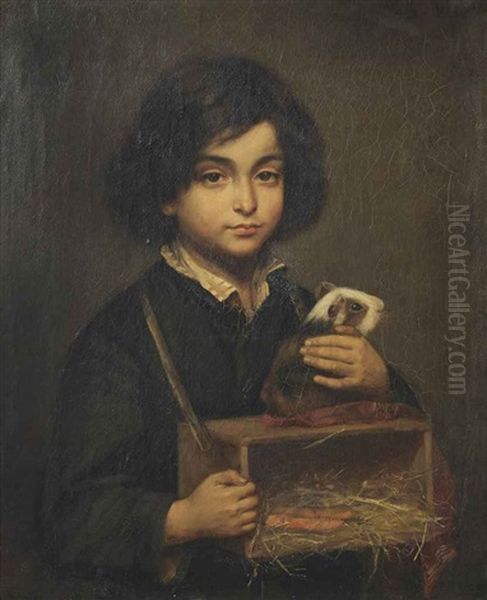 A Boy With A Guinea Pig On It's Cage Oil Painting by Wally Moes