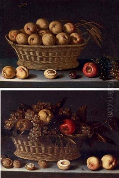 A Basket Of Grapes And Apples With Peaches And Walnuts, On A Ledge (+ A Basket Of Peaches With Grapes, An Apple And A Plum, On A Ledge; 2 Works) Oil Painting by Louise Moillon