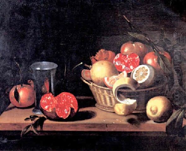 Nature Morte Au Panier D'osier Rempli De Grande, Citron Et Bigarades, Vase En Etain Sur Un Entablement Oil Painting by Louise Moillon
