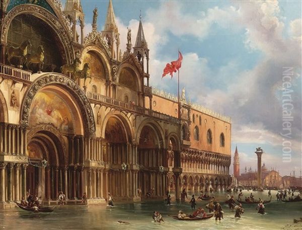 Venice, A View Of Saint Mark's Square With The Acqua Alta Oil Painting by Federico Moja