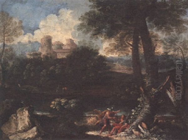 An Italianate River Landscape With Mercury Handing Paris The Apple Of Discord Oil Painting by Pier Francesco Mola