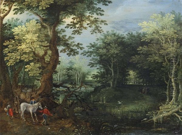 A Wooded Landscape With Travellers And A Horse Drawn Wagon By A Pond Oil Painting by Mattheus Molanus