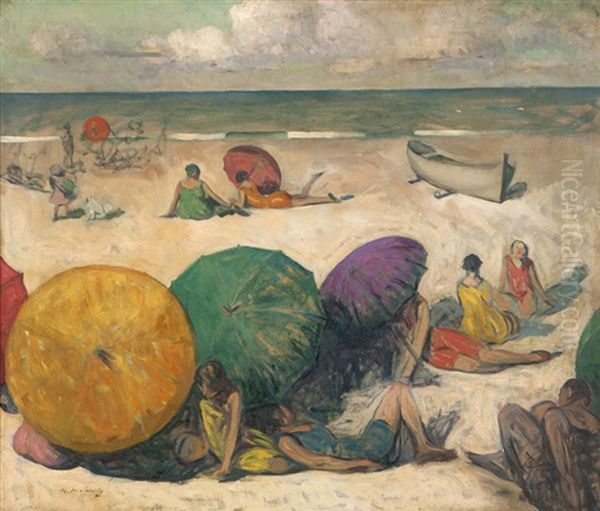 Figures With Umbrellas On A Beach Oil Painting by Maurice, Morris Molarsky