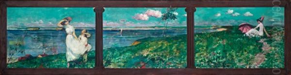 Summer Day By The Shore (triptych) Oil Painting by Maurice, Morris Molarsky