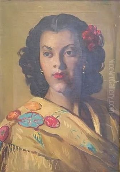 Portrait Of A Gypsy Woman Wearing A Colored Shawl And A Red Flower In Her Hair Oil Painting by Maurice, Morris Molarsky