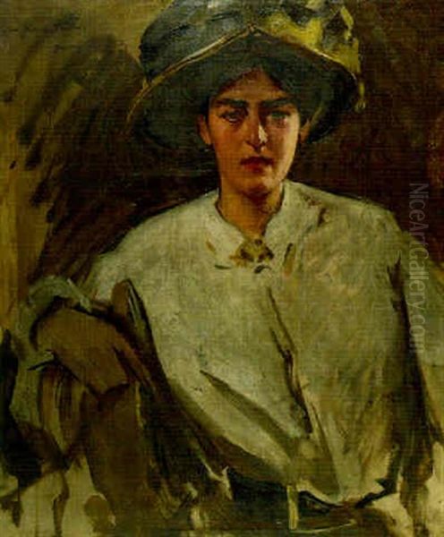 Portrait Of A Woman With Blue Hat Oil Painting by Maurice, Morris Molarsky