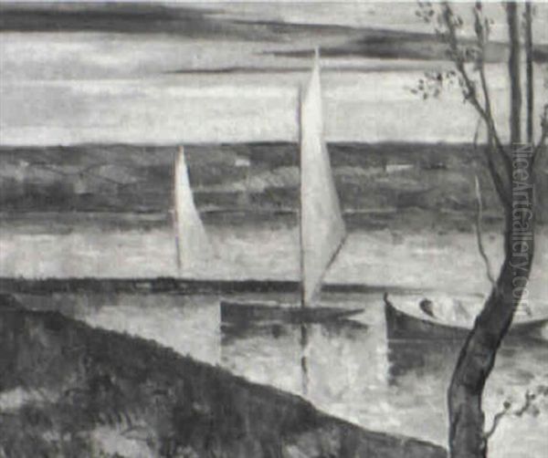Landscape With Lake And Sailboats Oil Painting by Maurice, Morris Molarsky