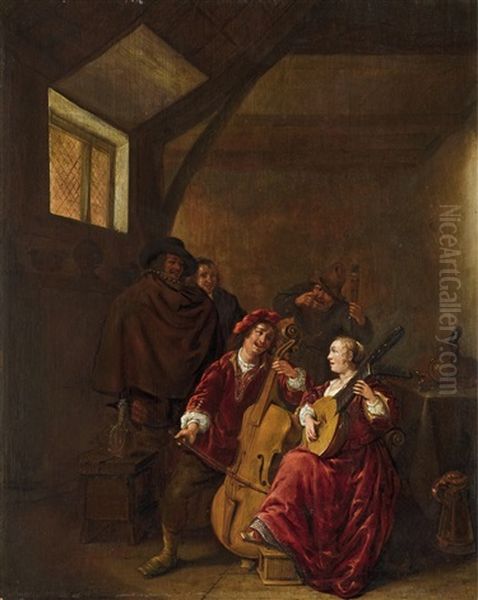 Elegant Couple Playing Music Oil Painting by Jan Miense Molenaer