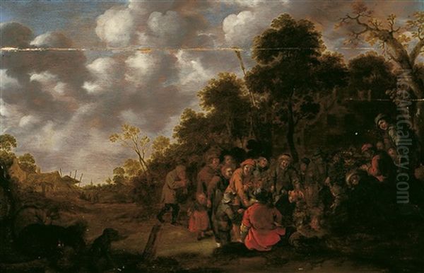 Dorfstrasse Mit Um Ein Feuer Versammelten Bauern Oil Painting by Jan Miense Molenaer