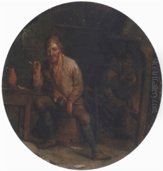 A Boor Smoking In A Tavern Interior Oil Painting by Jan Miense Molenaer
