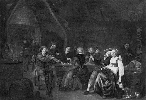 A Boor Courting A Maid In A Tavern, With Merry Company Singing At A Table Beyond Oil Painting by Jan Miense Molenaer