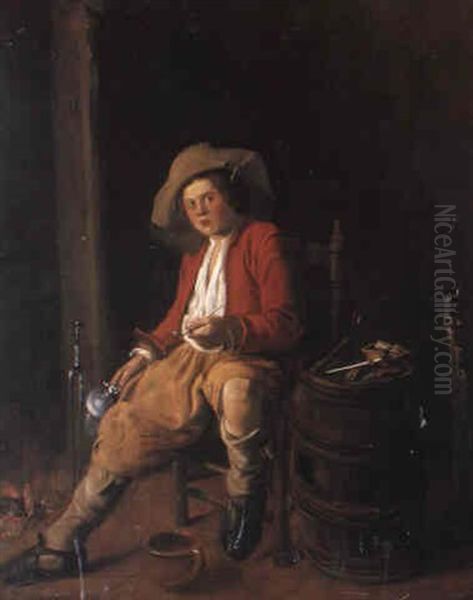 Boy Holding A Tankard And A Pipe, Sitting By A Fire Oil Painting by Jan Miense Molenaer