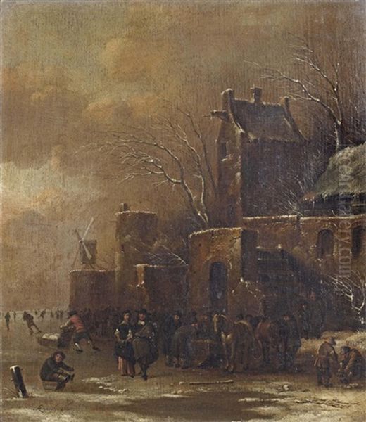 A Winter Landscape With A Fortified Town And Figures On A Frozen Waterway Oil Painting by Nicolaes Molenaer