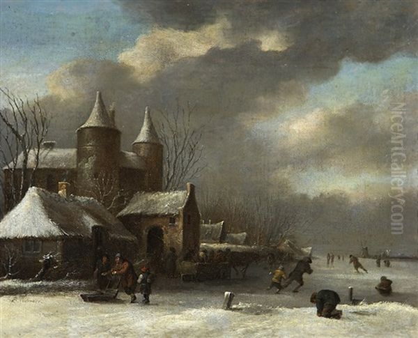 Winter Landscape With Skaters Oil Painting by Nicolaes Molenaer