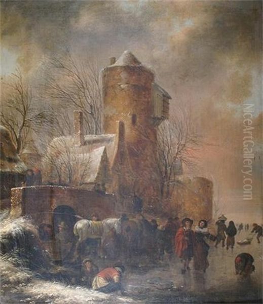 Winter Landscape With Figures And Horses On A Frozen Lake Near A Tower Oil Painting by Nicolaes Molenaer