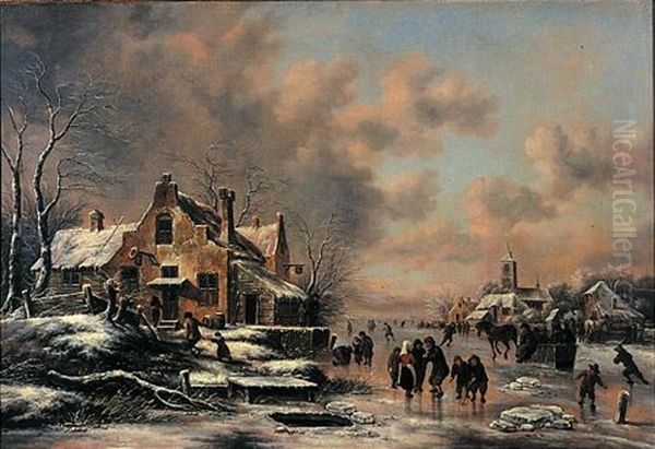 A Winter Landscape With Figures Skating On A Frozen River Before A House, Children Playing Kolf In The Foreground Oil Painting by Nicolaes Molenaer
