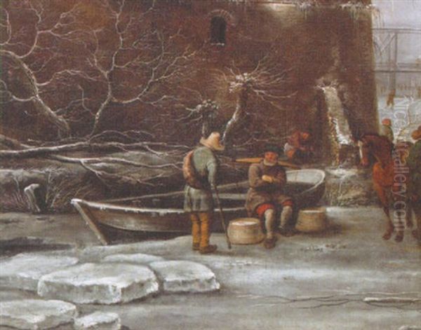 Vinterbild Med Tva Man Vid Bat Oil Painting by Nicolaes Molenaer