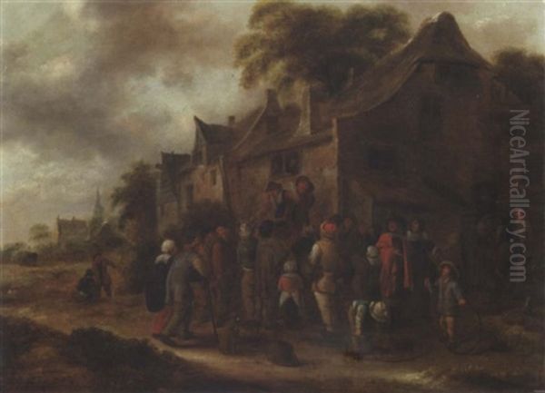Peasant Players In A Village Street Oil Painting by Nicolaes Molenaer