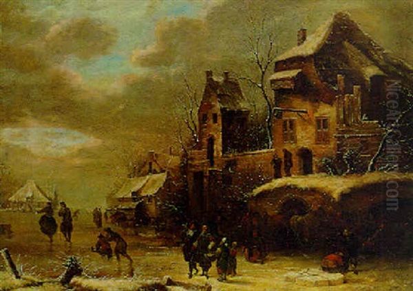 Figures On A Frozen Waterway By A Town Oil Painting by Nicolaes Molenaer