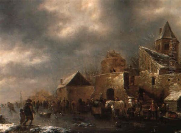 Folkliv Vid Frusen Kanal Oil Painting by Nicolaes Molenaer