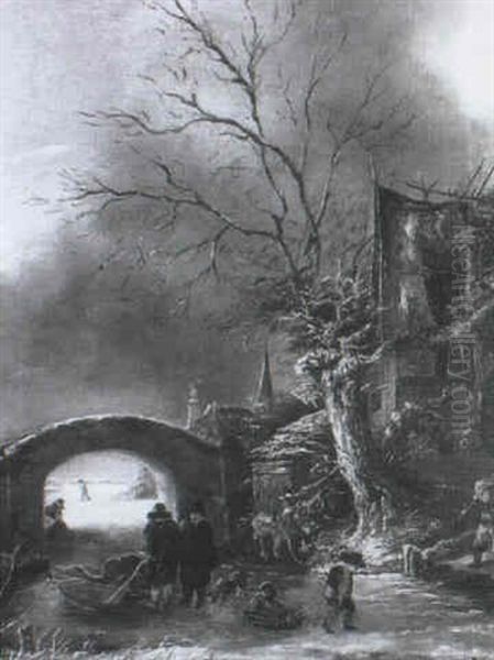 A Winter River Landscape With Peasants Before A Bridge Oil Painting by Nicolaes Molenaer