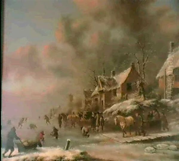 A Winter Landscape With Numerous Skater And Horse-drawn     Sleds On A Frozen River A Village Beyond Oil Painting by Nicolaes Molenaer