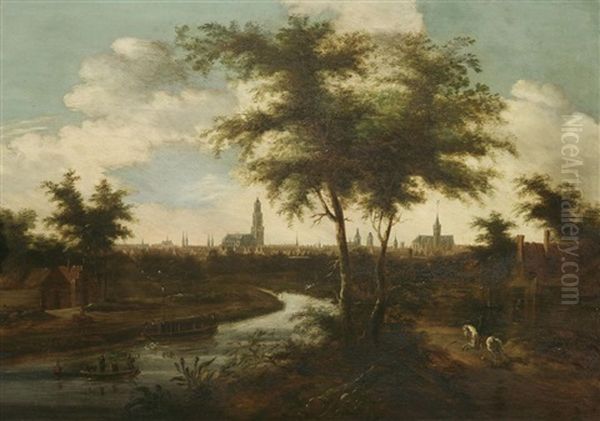 Blick Uber Eine Fluslandschaft Auf Haarlem (?) Oil Painting by Pieter De Molijn