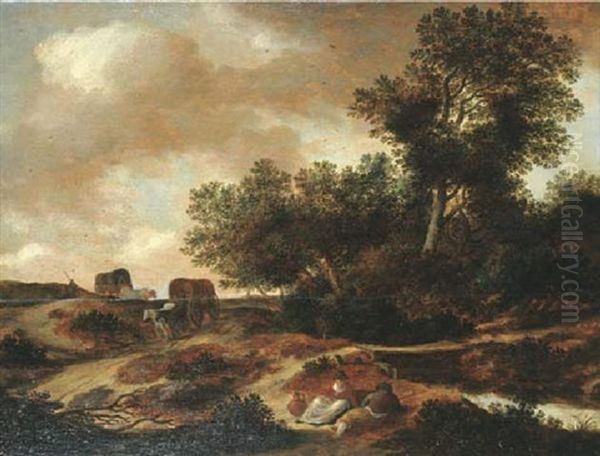 A Wooded Landscape With Peasants Resting By A River, Others Returning From Market Nearby Oil Painting by Pieter De Molijn