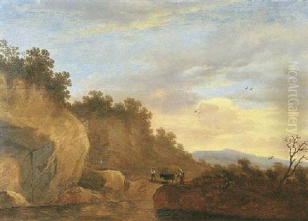 An Italianate Landscape With Travellers And A Cow Crossing A Bridge Oil Painting by Pieter De Molijn