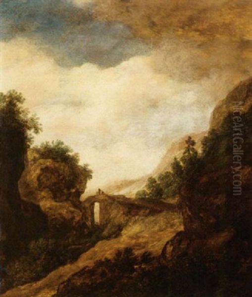 A Mountainous Wooded Landscape With Travellers On A Bridge Oil Painting by Pieter De Molijn