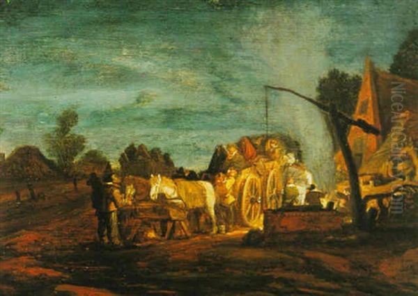 Travellers Resting Outside An Inn By Night Oil Painting by Pieter De Molijn