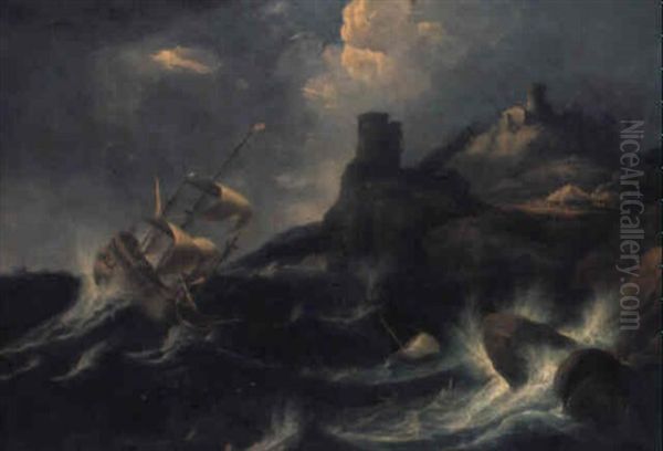 Skibe I Opr+rt Hav Udfor Kysten Oil Painting by Pieter De Molijn