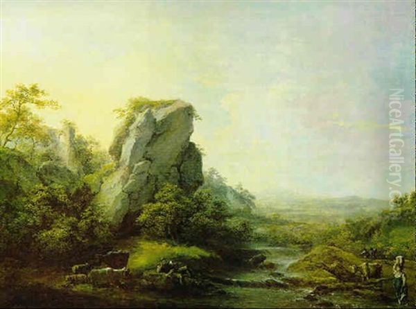 Ideale Flusslandschaft Mit Hirten Und Herde Oil Painting by Martin von Molitor