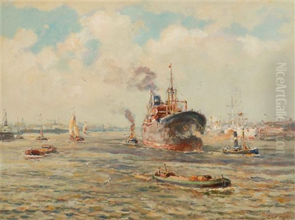 Cargo Vessel With Tug Boat In The Harbour Of Rotterdam Oil Painting by Evert Moll