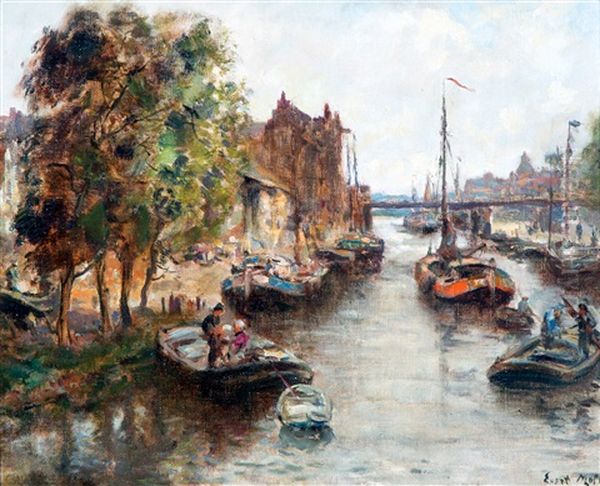 Boten Aan De Kade Bij Een Stadsbrug Oil Painting by Evert Moll