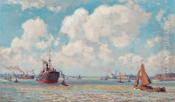 Schepen Op De Maas Oil Painting by Evert Moll