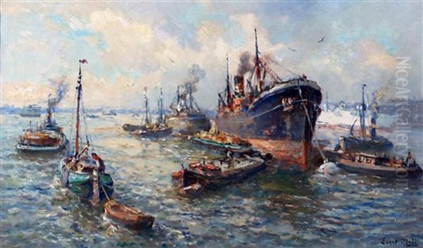 Bedrijvigheid In De Haven Oil Painting by Evert Moll