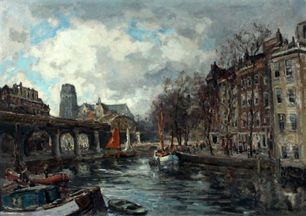 De Kolkhaven Met Het Spoorviaduct En Op De Achtergrond De Laurenskerk Te Rotterdam Oil Painting by Evert Moll