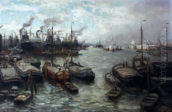 Bedrijvigheid In De Rotterdamse Haven Oil Painting by Evert Moll