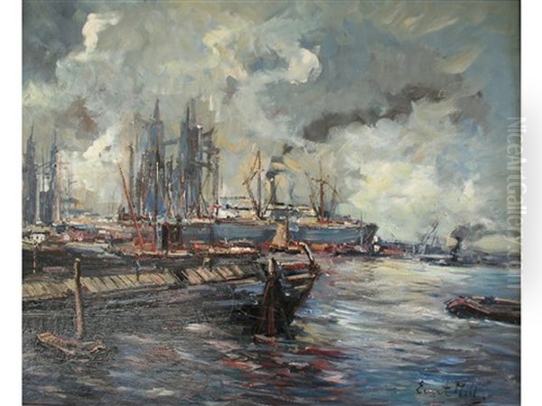 A Busy Port (rotterdam?) Oil Painting by Evert Moll
