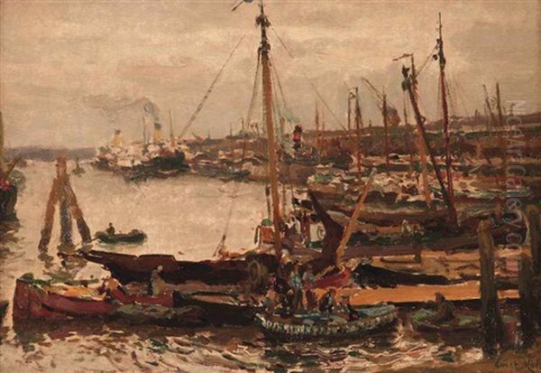 A View Of A Busy Harbor Oil Painting by Evert Moll