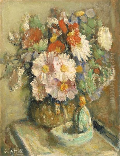 Still Life Of Flowers (+ View Of A Forest With A Stream, Lrgr; 2 Works) Oil Painting by Evert Moll