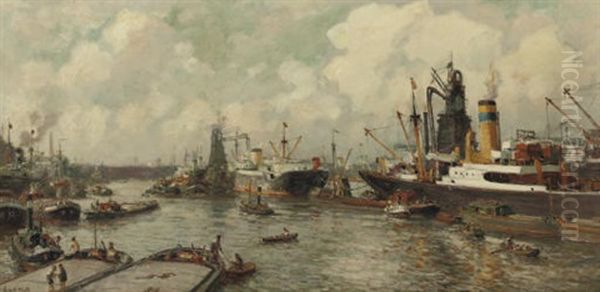 Maashaven Rotterdam - A Busy Day In The Harbour Oil Painting by Evert Moll
