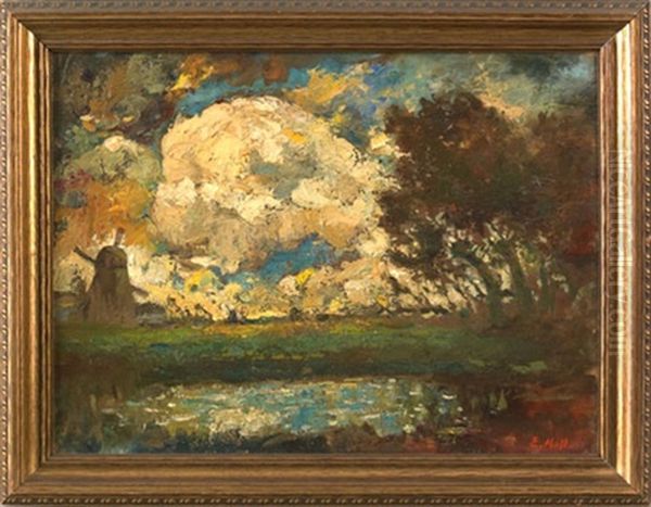 Landscape With Windmill, Pond, And Trees Oil Painting by Evert Moll