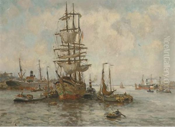 A Docked Three-master Oil Painting by Evert Moll