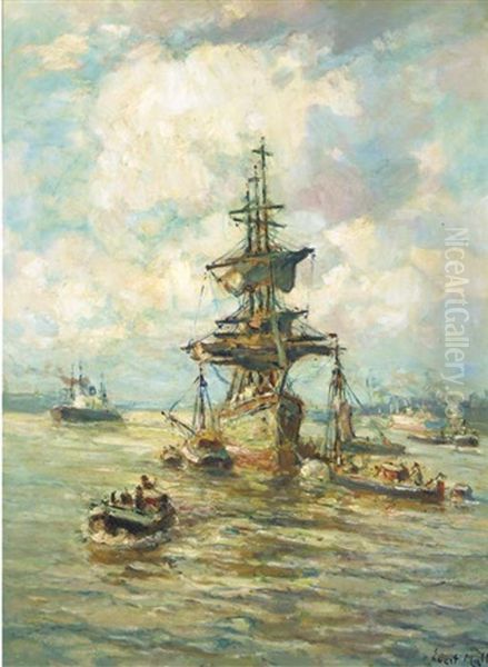 A Three-master Anchored In Rotterdam Harbour Oil Painting by Evert Moll