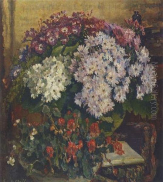 Potted Plants In An Interior Oil Painting by Evert Moll