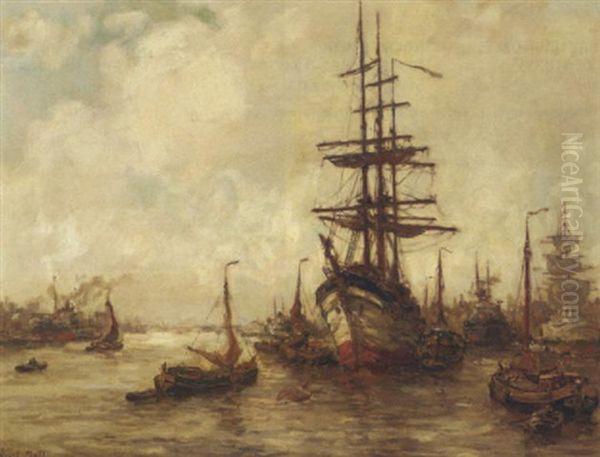 A Three-master In A Busy Harbour Oil Painting by Evert Moll