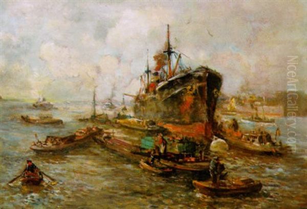 Im Hafen - Kleinere Hafenschiffe Nehmen Die Fracht Eines Ozeandampfers Auf Oil Painting by Evert Moll